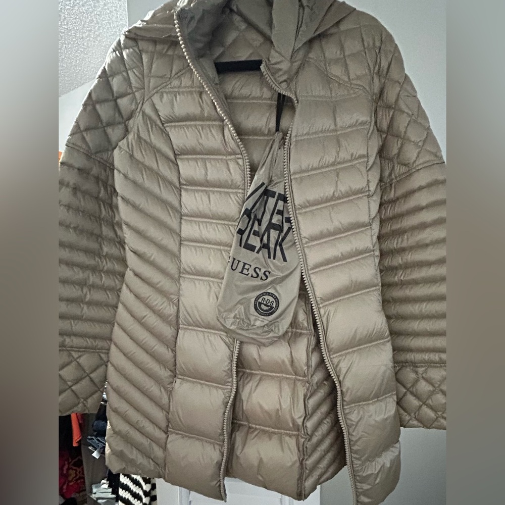 Guess Tan Puffer Jacket with Quilted Design